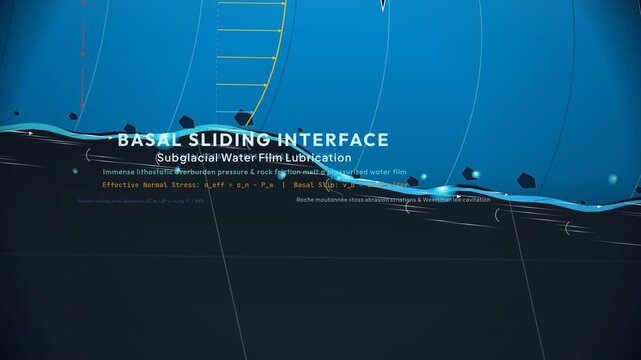 Educational animation of a glacial flow mechanics diagram, explaining basal sliding, plastic deformation zone, brittle extension crust, and the cryospheric engine driving glacier movement