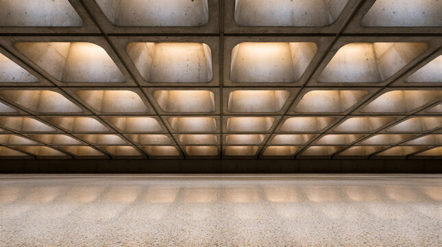 Geometric architecture featuring brutalist concrete coffered ceiling with deep recesses and warm LED strip lighting illuminating modern interior space