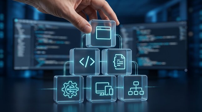 Hand stacking glass blocks with software development and web coding icons representing programming logic and digital application architecture for modern it business solutions
