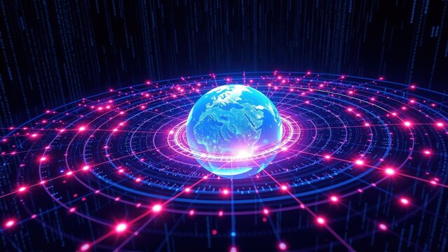 Glowing Earth surrounded by digital rings, binary code streams. Futuristic technology concept, global network visualization.