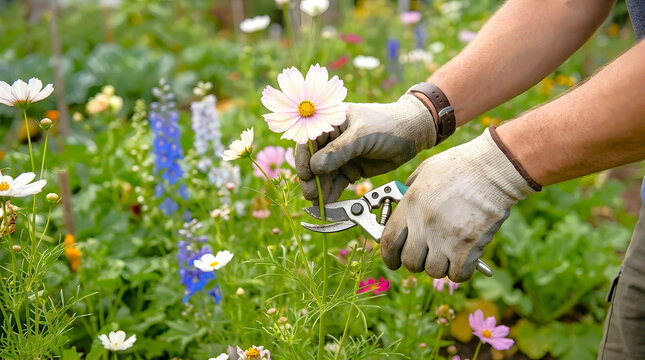 man picking flowers : Gardener using pruning shears to cut a flower in a garden