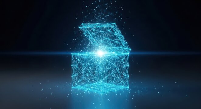 Futuristic glowing cube with network lines illustration