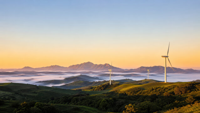 Wind turbine in fore of mountain range with atmospheric natural light and expansive scenic surroundings