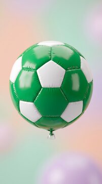 green and white soccer ball floating on pastel background, football sport and eco friendly concept