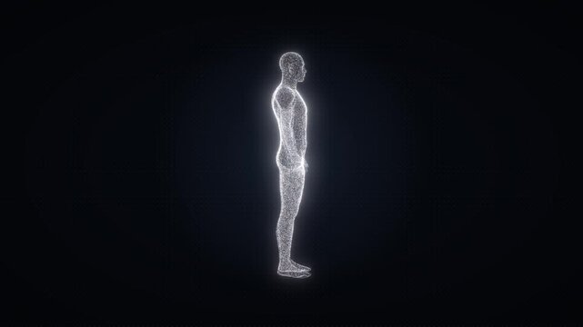 Animated human body forming from particles and rotating on dark background, point cloud anatomy, body scanning and digital health technology visual