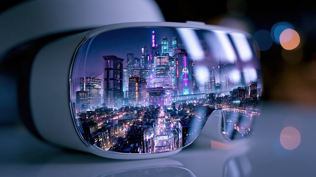 Immersive virtual reality headset reflecting a futuristic, neon-lit cityscape at night, symbolizing digital immersion and metaverse exploration