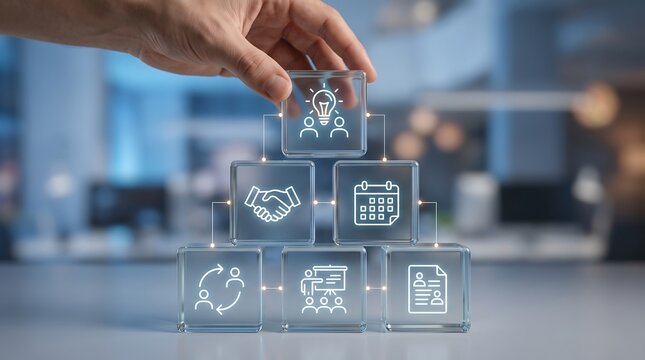 Innovative business strategy development process with hand placing idea cube atop structured management icons representing planning execution analysis