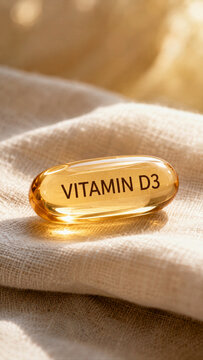 A vitamin D3 capsule is placed on a piece of cloth. Natural light shines on the capsule, showing its shiny surface. The setting is calm and simple, creating a focus on health
