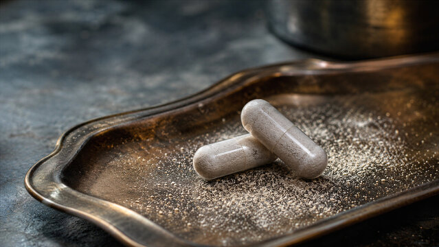 Two capsules are on a metal tray next to a fine powder. The setting shows a kitchen or lab. Light falls softly on the objects, creating a subtle focus