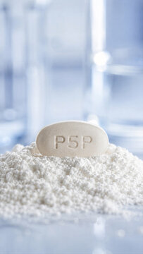 P5P is placed on a mound of white powder in a laboratory. Glass beakers and flasks are visible in the background. The setting appears clean and organized, suggesting scientific work