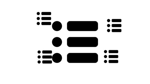 Zoom in and out animation the list symbol. Large black symbol in the center and four small symbols around. Seamless looped 4k animation on white background