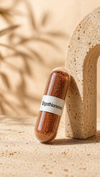A single ergothioneine capsule rests against a stone structure on a textured surface. Soft shadows and plant shapes are visible in the background, suggesting a calm setting
