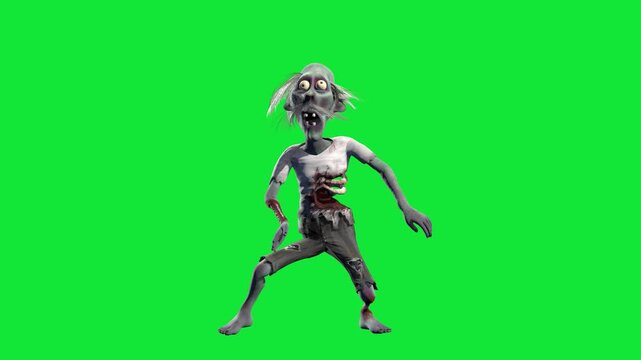 Funny and creepy zombie dancing isolated on a green screen. Halloween looped 3D animation