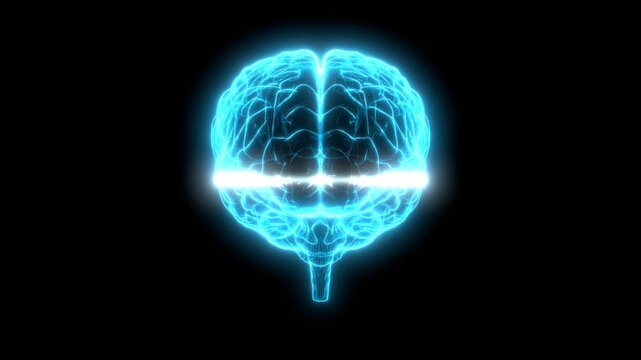 Animated glowing cyan x-ray brain rotating with scan line sweeping across, neurology, MRI diagnostics, artificial intelligence and neuroscience visual