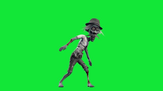 Funny and creepy zombie dancing isolated on a green screen. Halloween looped 3D animation