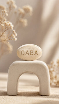 A stone labeled GABA rests on a curved stand. Dried flowers surround the setup. Natural light fills the scene, creating a simple and calm atmosphere