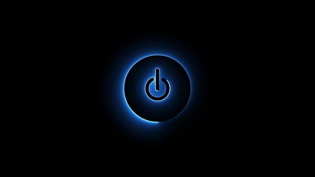 A dark, circular power button with a vibrant blue neon glow radiating outwards on a deep black background symbolizing activation and technology startup Keywords: power, button, symbol, start, stop