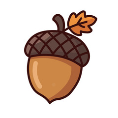 Acorn  A cute brown acorn with a textured cap and a small autumn leaf attached to the stem. © Nebula