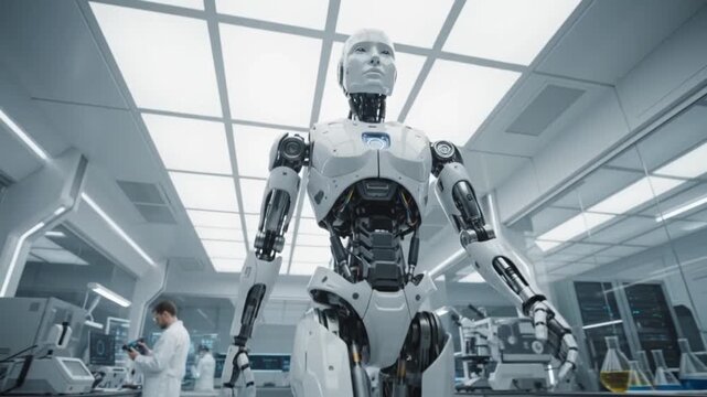 Advanced humanoid robot walking through a high tech research laboratory while a scientist works on complex data analysis in the background during this cinematic motion footage sequence showcasing futu