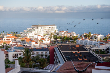 Seabirds cross the sky above a whitewashed resort town © Oksana