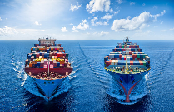 Front view of two heavy loaded, large super cargo container ship sailing over the ocean as a concept for logistics and transport