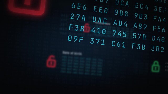 Animated data breach flythrough past open red padlocks and exposed personal records, identity theft, privacy leak and cyber security concept loop clip
