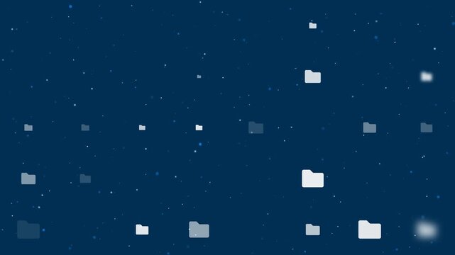 Template animation of evenly spaced folder symbols of different sizes and opacity. Animation of transparency and size. Seamless looped 4k animation on dark blue background with stars