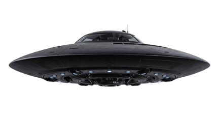 Dark metallic flying saucer with blue lights solated on transparent background © PNG Studio 99