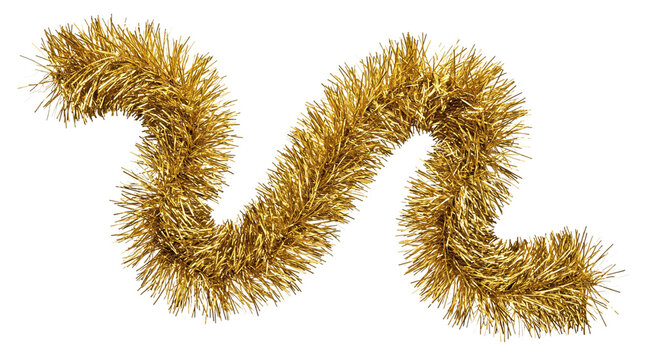 Curving golden tinsel garland on transparent solated on transparent background