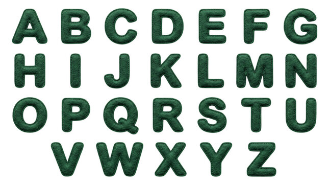 Dark green textured alphabet letters on black solated on transparent background