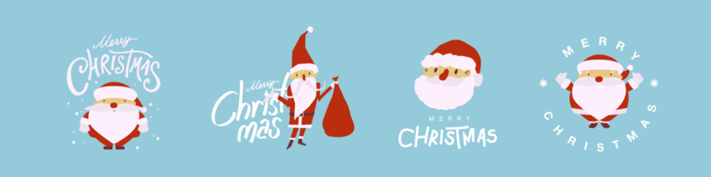 Logo collection Merry Christmas holiday and Happy New Year with cute Santa Claus cartoon characters and typography 