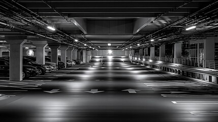 Obraz premium Modern Underground Parking Garage with Rows of Cars Under Bright Artificial Lights