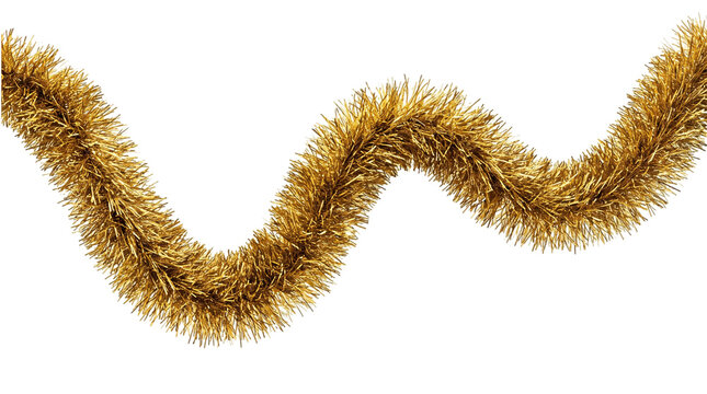 Golden tinsel garland winding curve on solated on transparent background