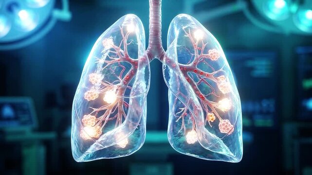 Digital 3D animation of human lungs with glowing alveoli and bronchial tree, set against a blurred medical operating room background, illustrating respiratory system, health, and science.