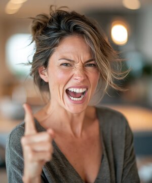 Woman yelling with anger and frustration, pointing finger expressing strong emotions and dissatisfaction