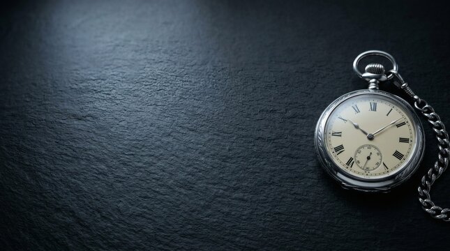 Vintage silver pocket watch resting on dark textured stone background representing time passage.