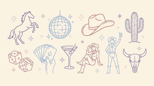 Western themed line art icons with cowboy hat and disco ball on beige background