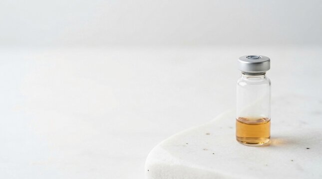 A clear glass vial containing amber liquid, representing medical treatment and healthcare innovation
