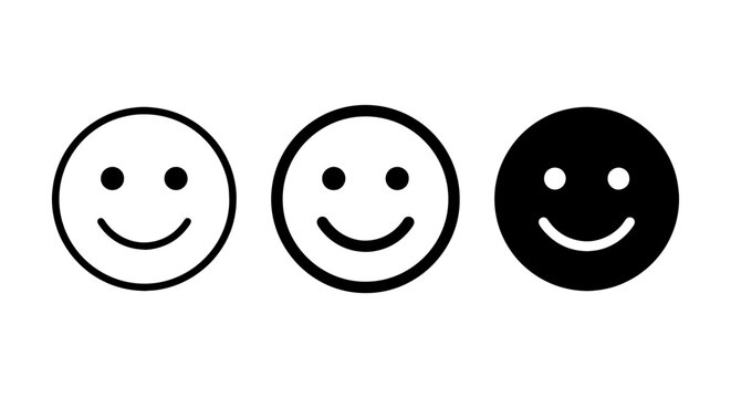 Three Simple Smiley Face Icons, Outline and Solid Black, Vector Graphics for Positive Emotions
