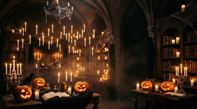 Contemporary abstract 3D visual art showcasing Gothic haunted house library int designed for commercial marketing backdrop