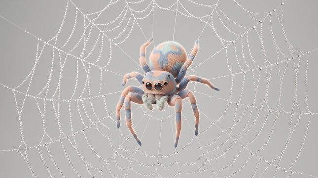 Brown Spider on Web Watercolor Illustration