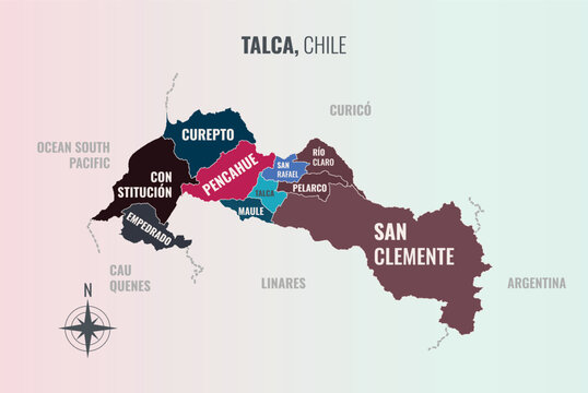 Talca Chile Provincia into Comune in a minimalist colorful style map showing