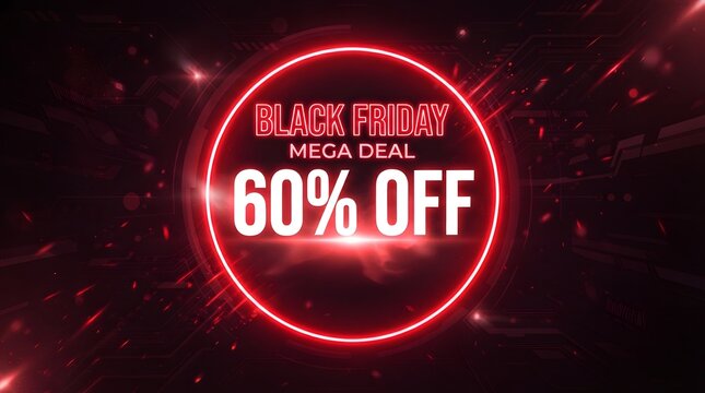 Black friday mega deal 60 percent off promotional banner with glowing red neon circle frame and digital circuit board background