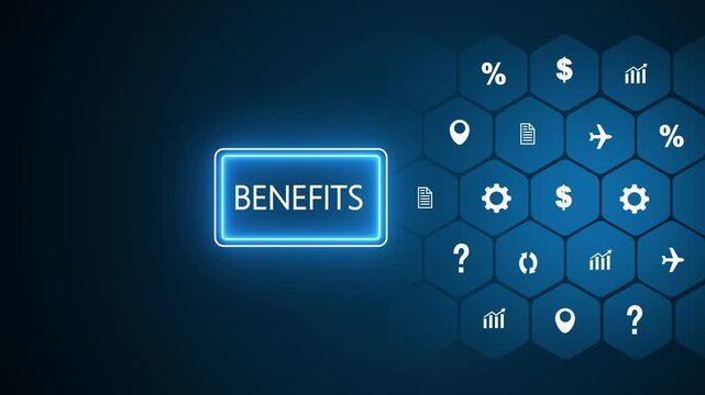 Luminous blue digital button with the text BENEFITS on a dark blue background featuring a honeycomb grid of white related to finance and services