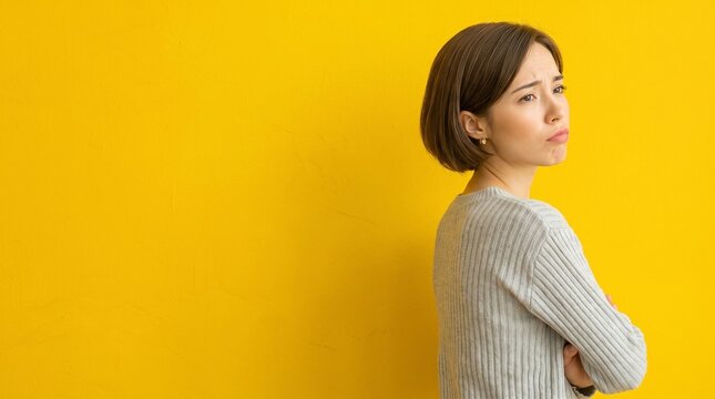 Young Asian woman with crossed arms looking back with skeptical expression on yellow background