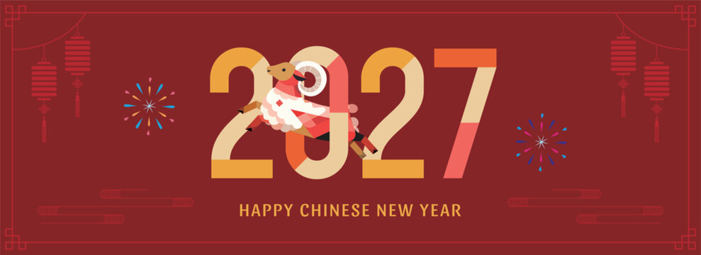 2027 Year of the Goat Chinese New Year Banner with Stylized Goat and Festive Decorations