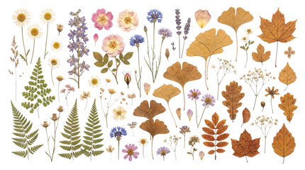 Abundant arrangement of pressed flowers, leaves, and ginkgo biloba solated on transparent background © PNG Studio 99