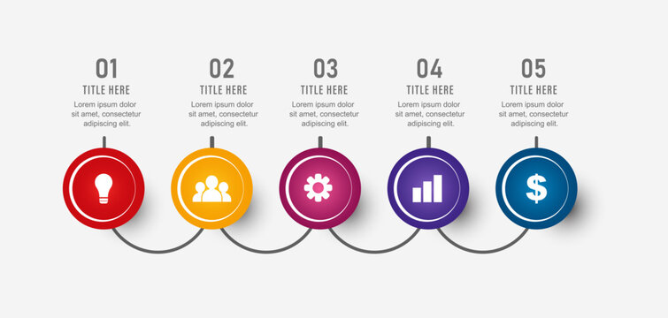 Modern 5 options colorful circular badge sine wave process diagram infographic vector graphic