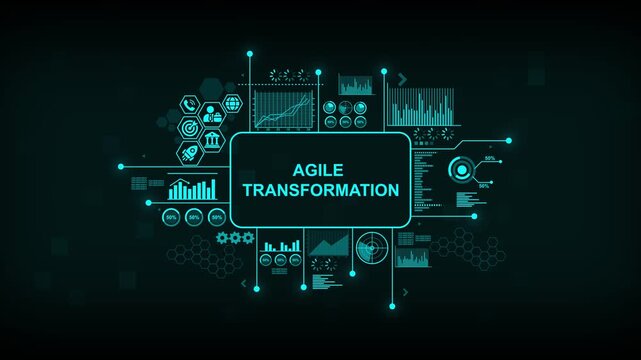 Agile transformation business strategy hud interface with animated data charts and digital network infographic