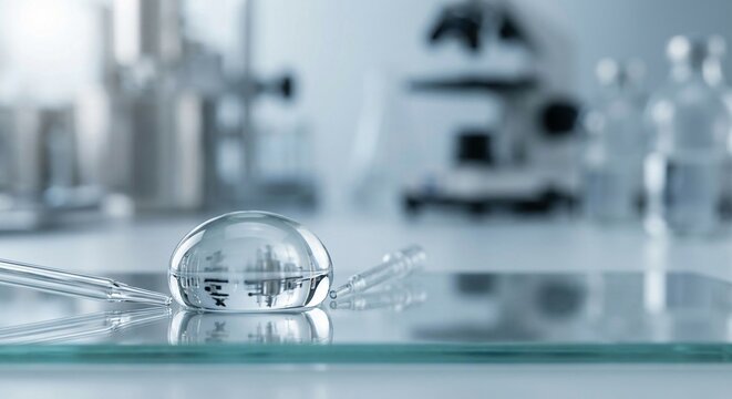 Clear liquid droplet on glass surface in laboratory setting with microscope background